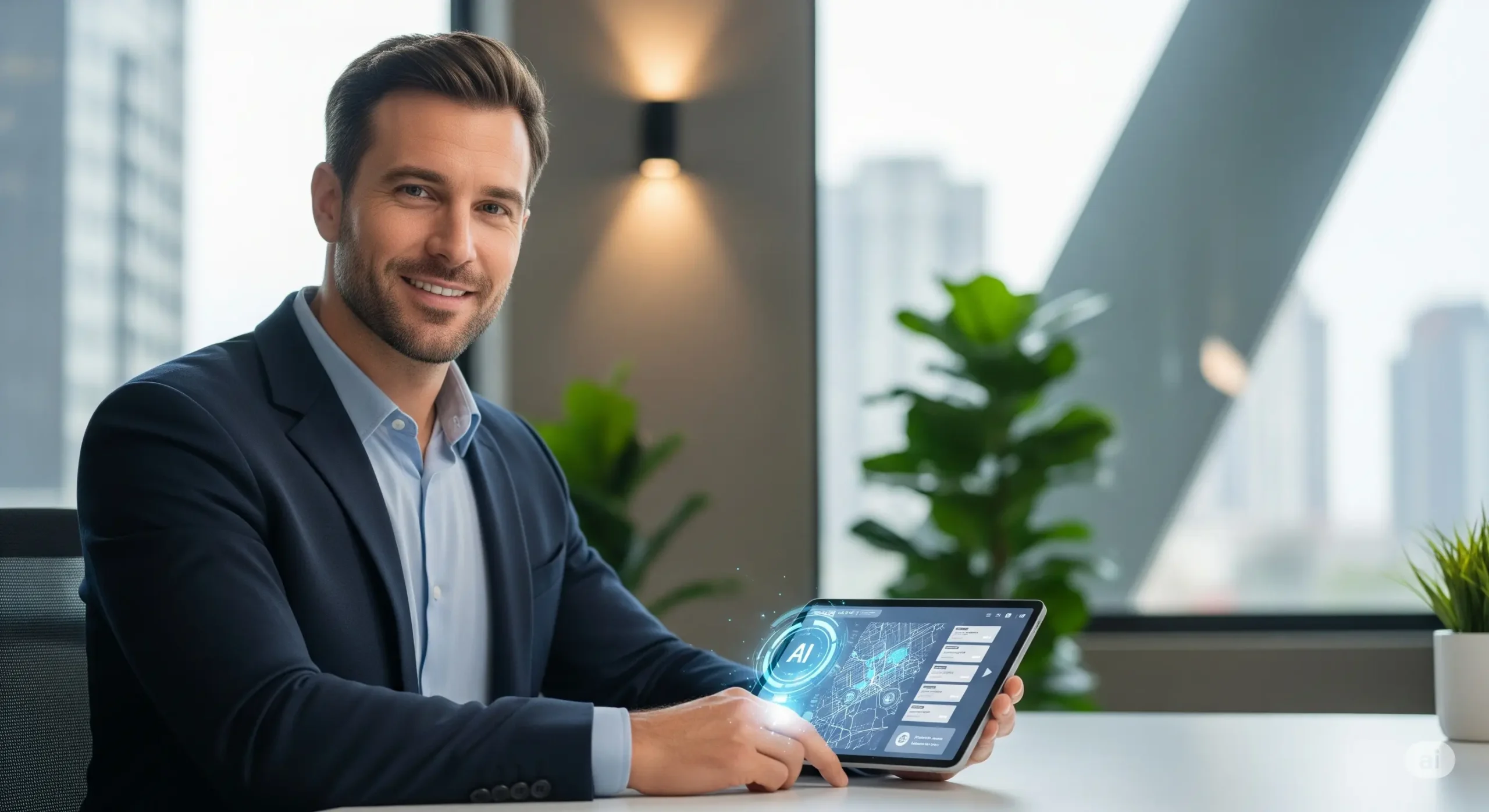 A confident male real estate agent using a tablet with a subtle AI interface in a modern office, symbolizing how technology helps agents succeed.