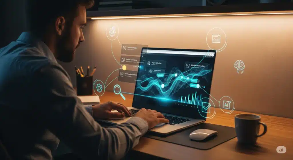Professional using rtrvr.ai AI automation tools on laptop in cozy home office, displaying organized data and AI-powered productivity features in a 16:9 workspace setting