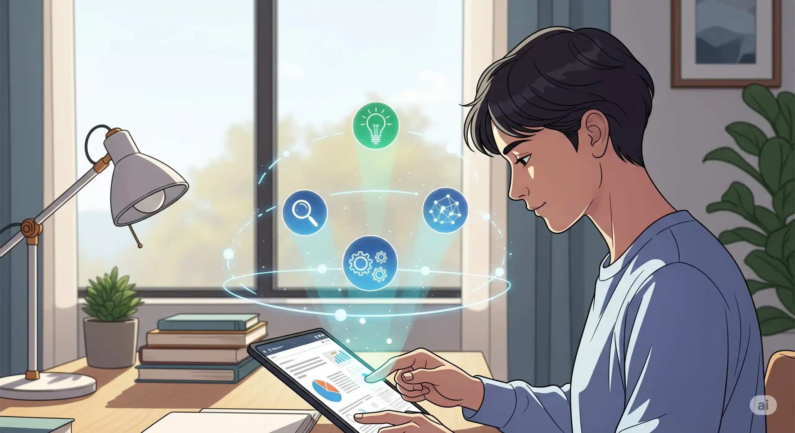 A modern illustration of a student using AI tools on a tablet to enhance their learning, with icons for research, ideas, and connectivity floating around them.