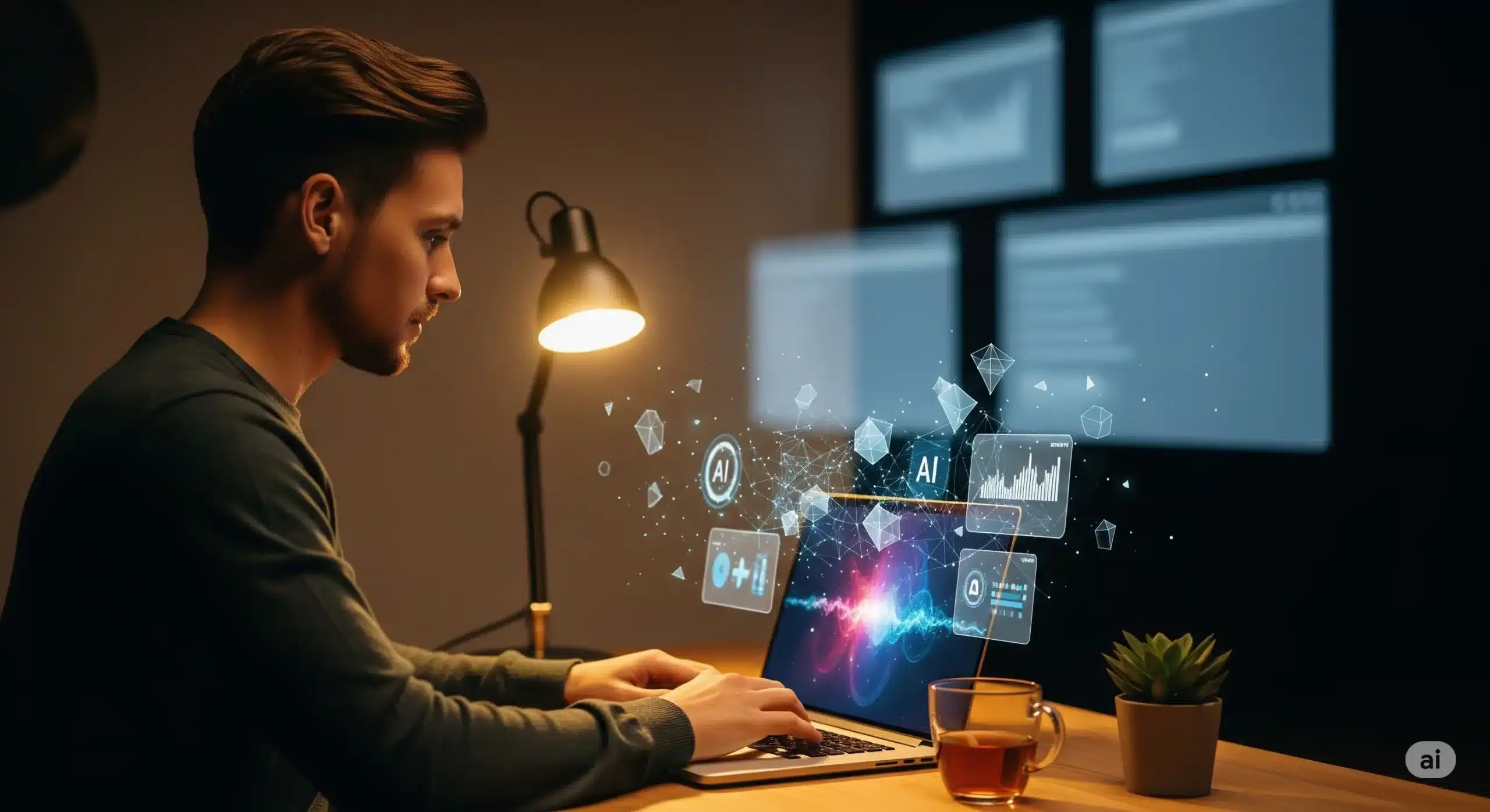 Freelancer working in a cozy home office using AI-powered tools on a laptop, surrounded by floating data visuals and fading browser tabs, symbolizing digital efficiency and automation.