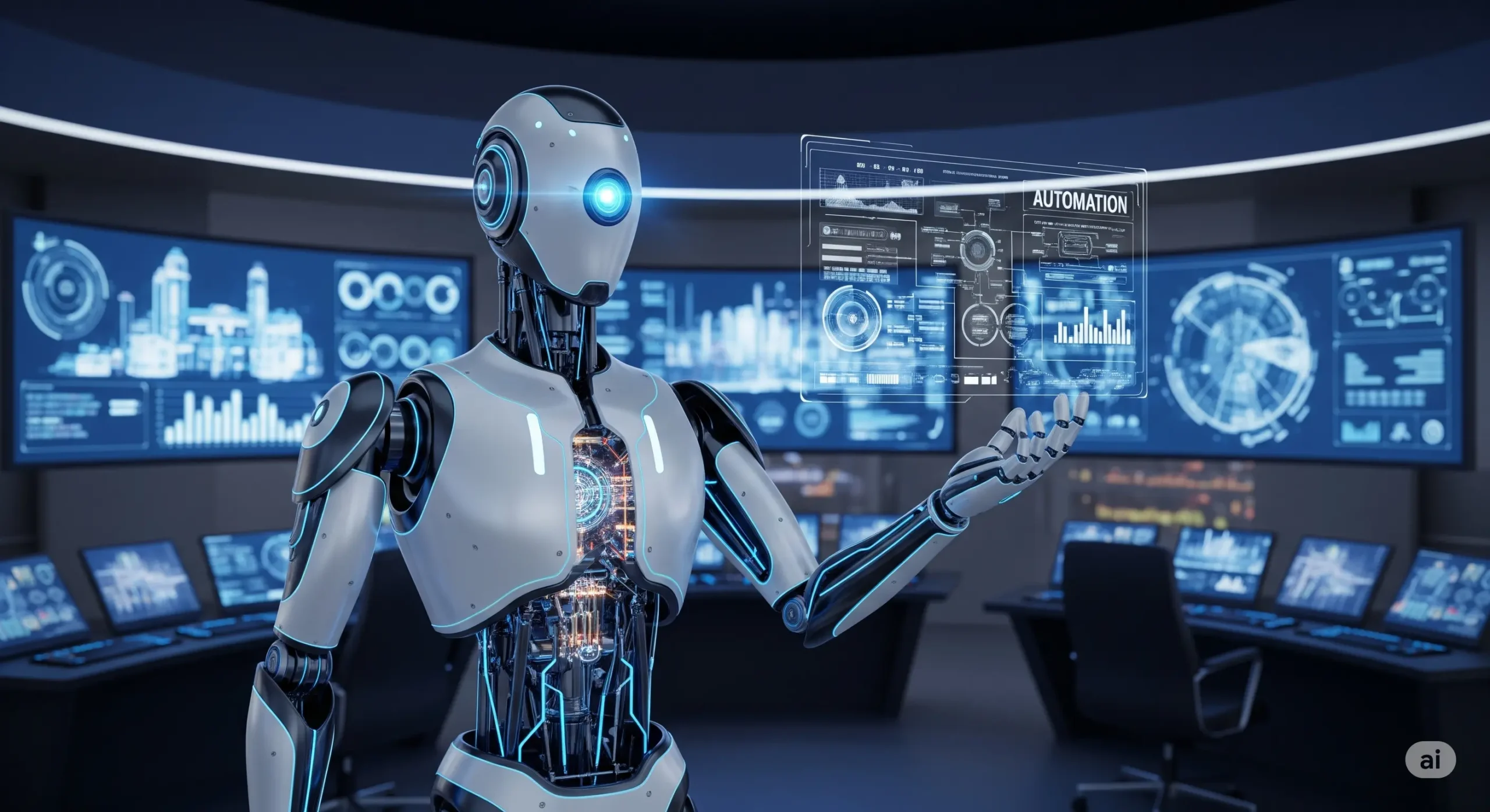 A futuristic AI agent, resembling a robot with a glowing blue eye, stands in a high-tech control room with multiple screens displaying data and charts. The robot is interacting with a holographic display showing automation workflows, symbolizing how AI agents are used to manage and streamline complex tasks.