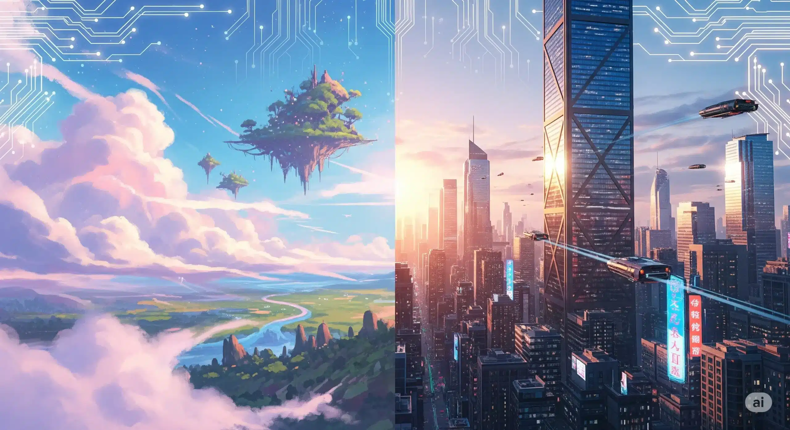 Split digital artwork showing Midjourney’s dreamy painterly style on the left and GPT-4o’s photorealistic cityscape on the right, representing AI art tools comparison.