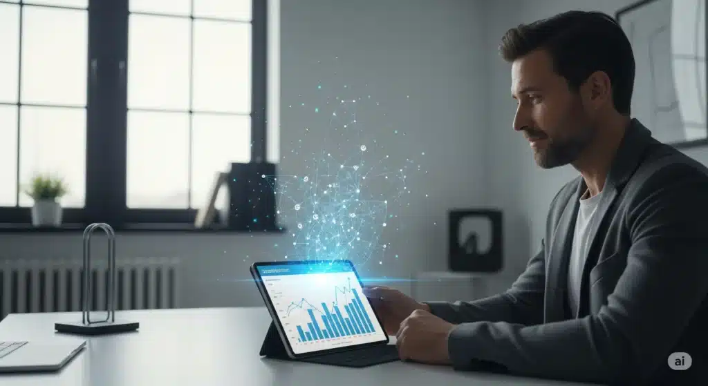 A man at a desk looks at a tablet with an AI financial chart, symbolizing clarity and control over business finances.