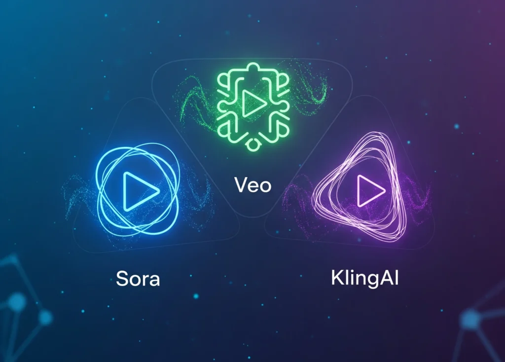 An abstract, modern image representing three AI video generation models. It features three glowing, neon-style icons labeled 'Sora,' 'Veo,' and 'KlingAI' in a triangular layout against a dark, digital background.