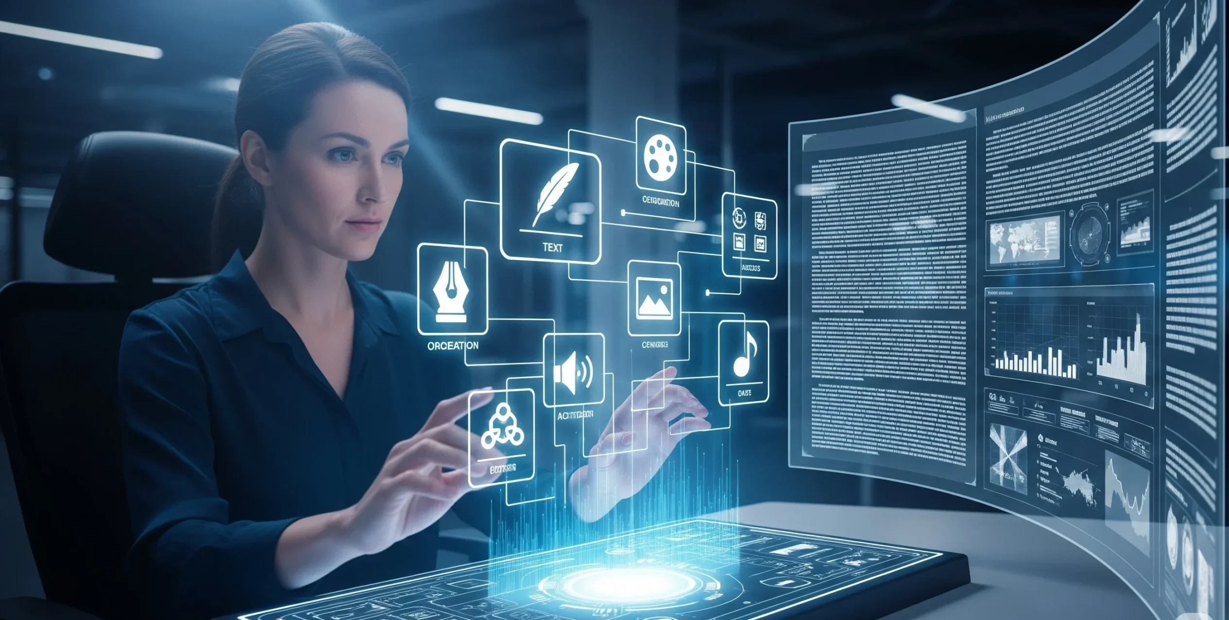 An empowered and confident writer sits at a futuristic, glowing console, orchestrating multiple AI tools represented by different icons to create a massive, detailed long-form document. The scene is dynamic and shows the synergy between human and AI.