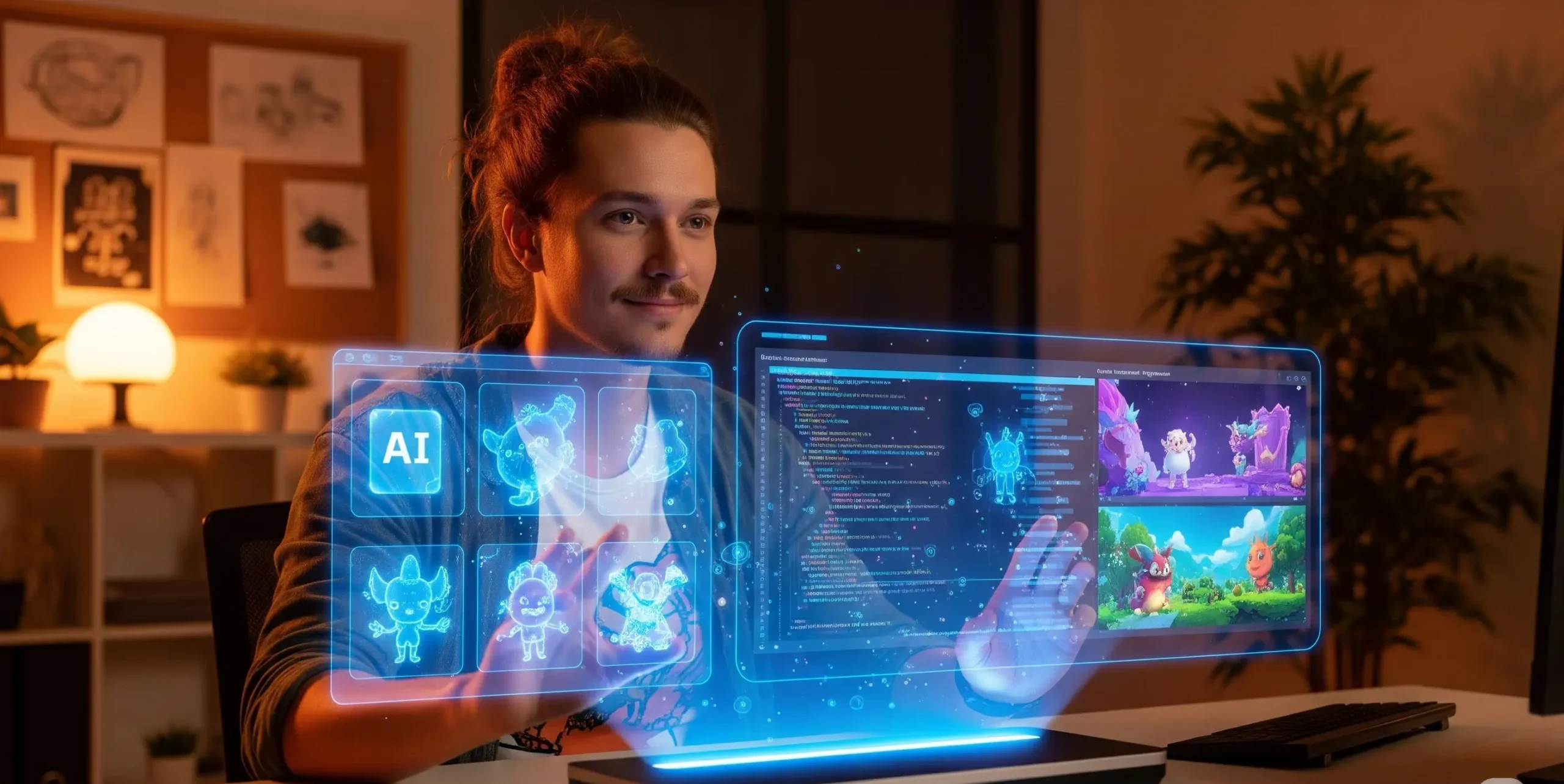 An indie game developer with an inspired expression works in a clean, well-lit studio. They interact with holographic screens showing AI-generated assets, code, and game simulations in a vibrant, creative environment.