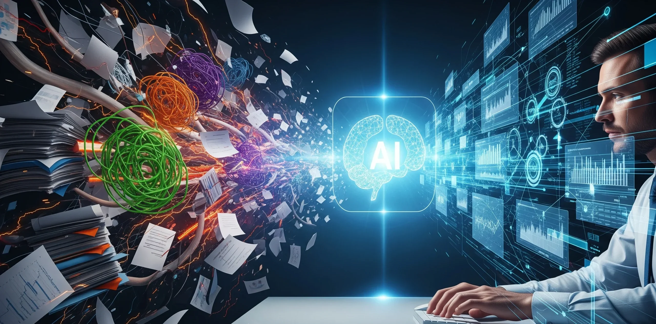 Image of a professional at a desk, where a visual metaphor shows a chaotic workflow being organized and streamlined by a glowing AI symbol, representing business transformation and increased productivity.