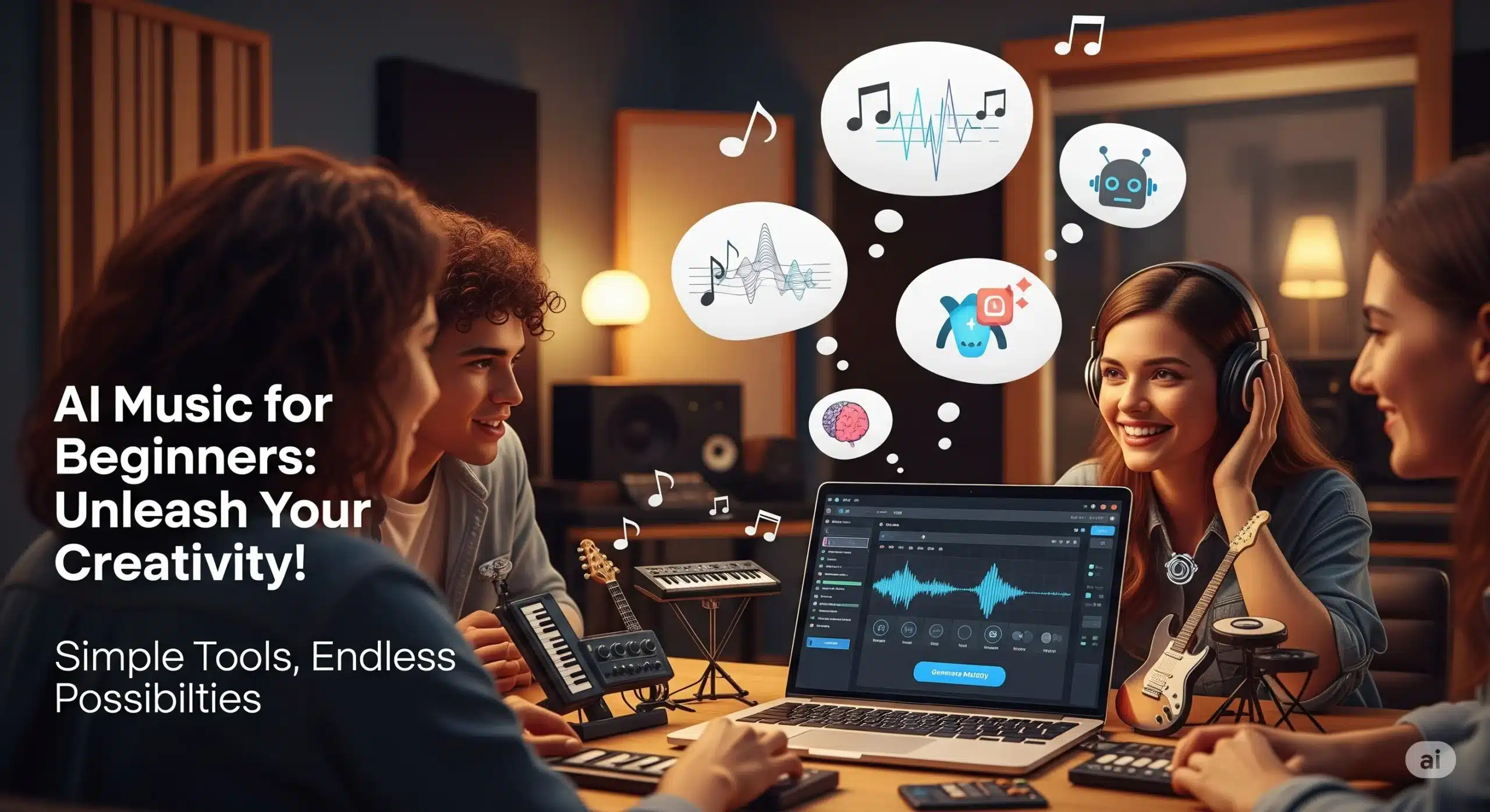 A group of smiling music beginners using a laptop with AI music composition software in a modern studio. The screen shows a waveform and a 'Generate Melody' button. Miniature instruments like a keyboard and guitar are on the table.