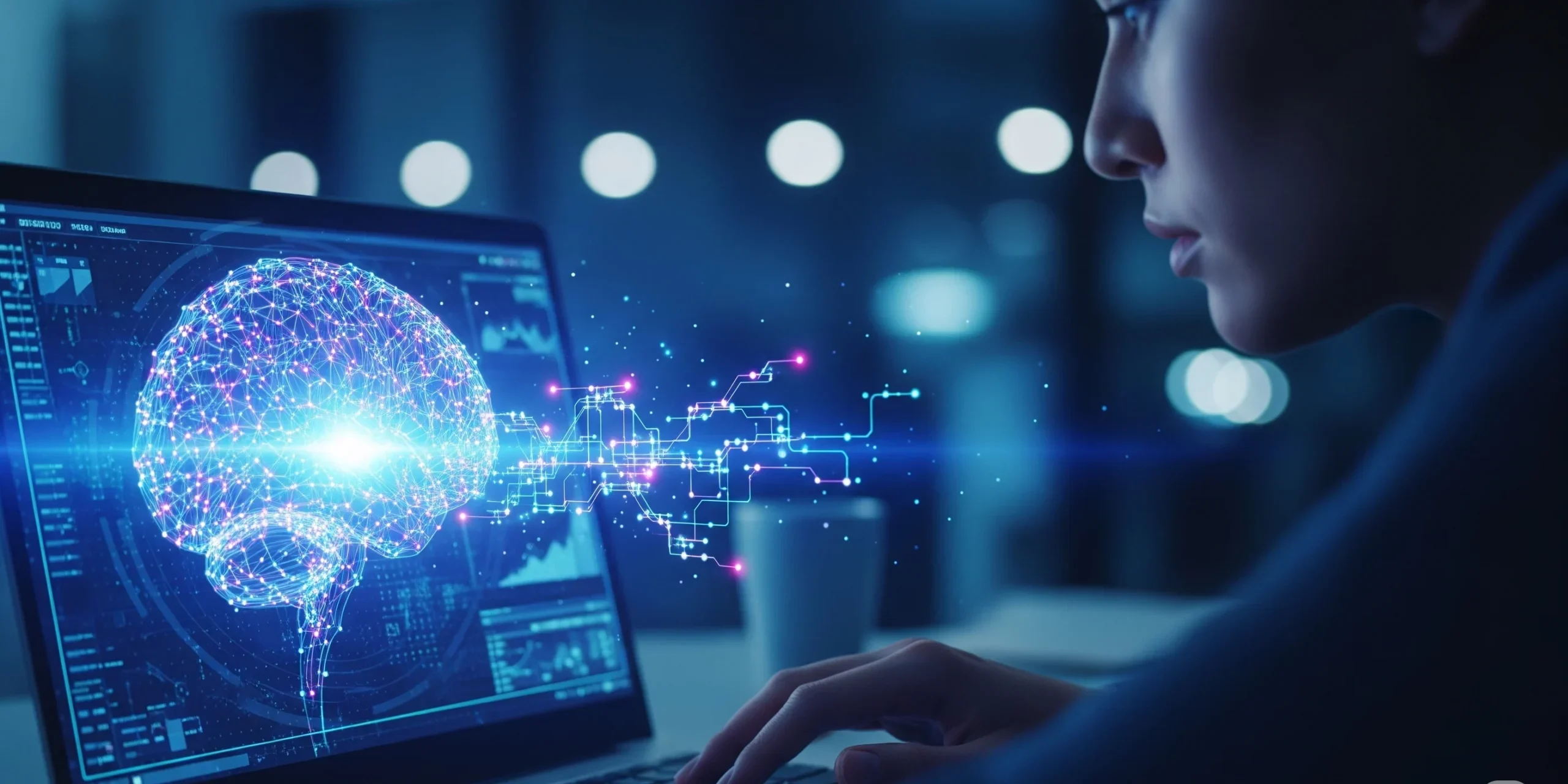 Image of a person working on a laptop with a glowing digital brain overlay, symbolizing the collaborative power of artificial intelligence in content creation.