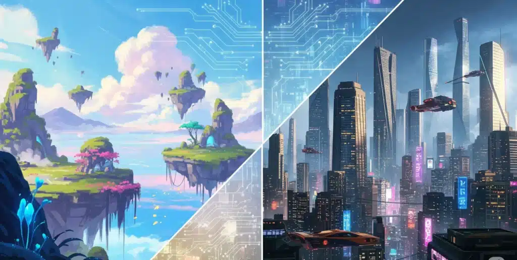 Split digital artwork showing Midjourney’s dreamy painterly landscape on the left and GPT-4o’s photorealistic futuristic cityscape on the right, with AI-inspired glowing circuit patterns blending into the background.