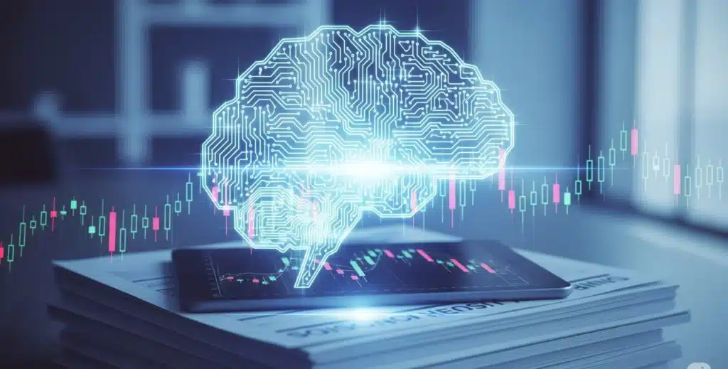 A glowing digital brain with circuits is superimposed over financial reports, representing the use of artificial intelligence for smart financial analysis.