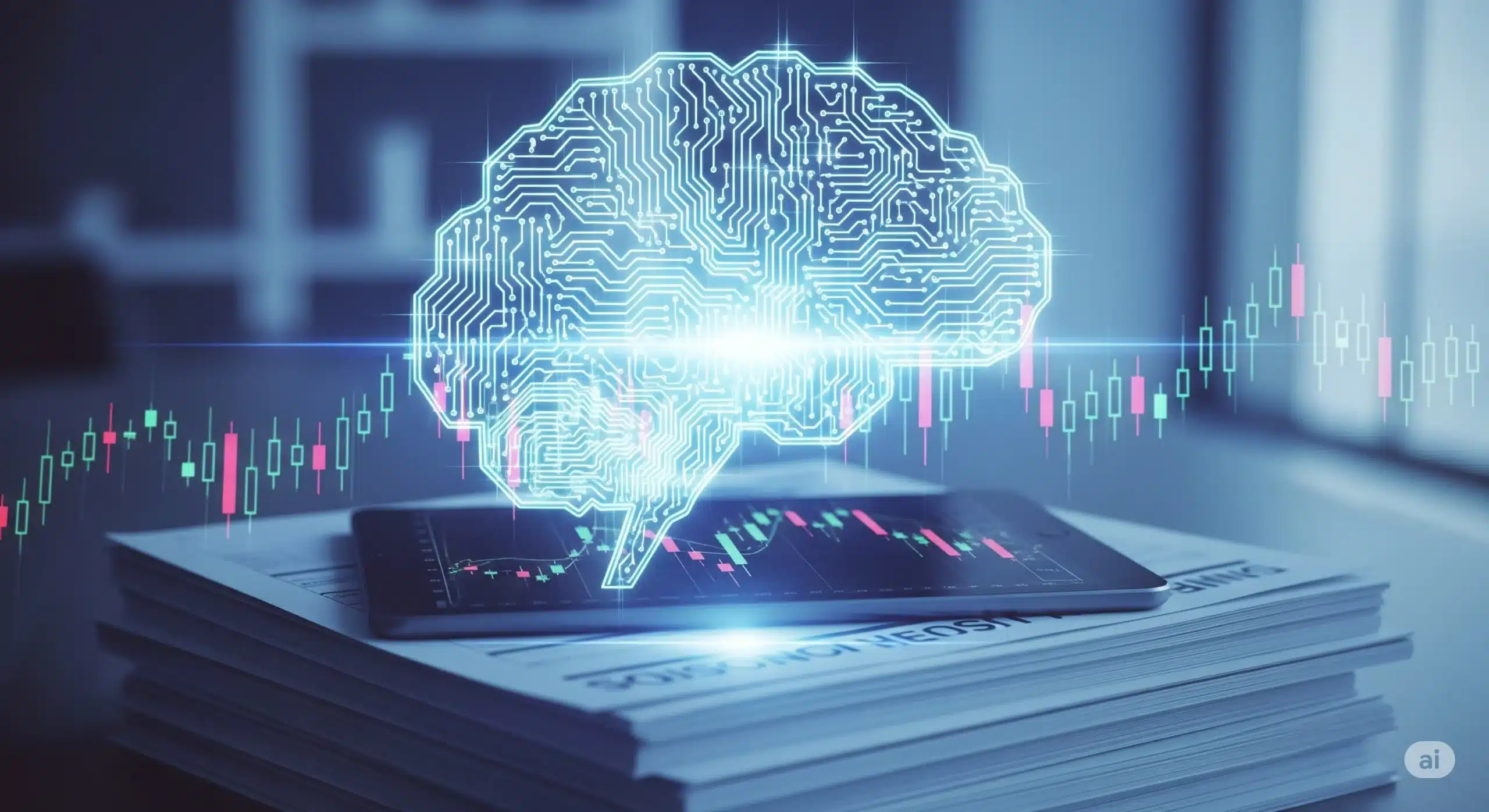 A glowing digital brain with circuits is superimposed over financial reports, representing the use of artificial intelligence for smart financial analysis.