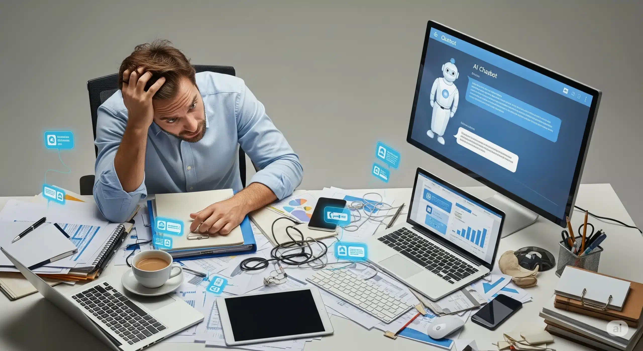 A stressed male small business owner surrounded by chaotic papers and a ringing phone, contrasted with a calm, organized AI chatbot interface on a laptop screen. The scene highlights the problem of customer service burnout and the solution of automation.