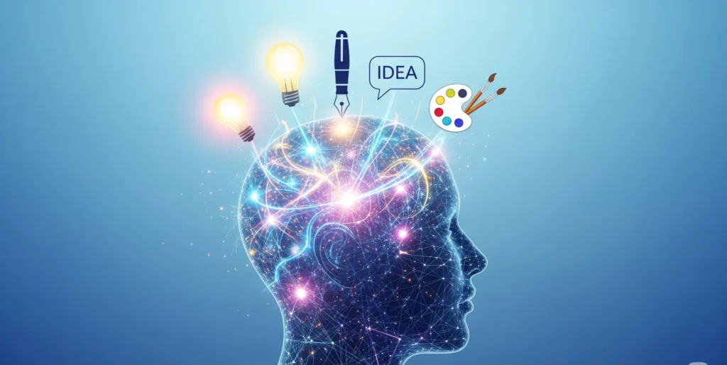 Stylized image showing a head silhouette with glowing lines representing the flow of ideas, leading to creative outputs like writing, speaking, and art.