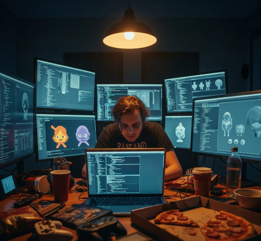 A stressed indie game developer works late at night at a cluttered desk, surrounded by monitors displaying code and art assets, with a dark, cinematic atmosphere.