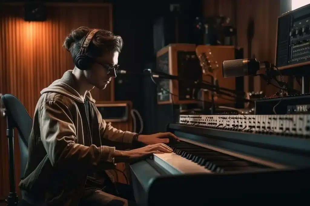 A young man with headphones and glasses playing a digital piano in a home music studio with a microphone, audio interface, and acoustic panels visible in the background.