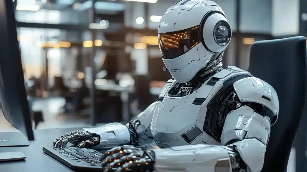 A sleek, white and silver humanoid robot with glowing orange eyes typing on a computer keyboard in a modern, blurred office environment, symbolizing automated customer service and artificial intelligence in business.