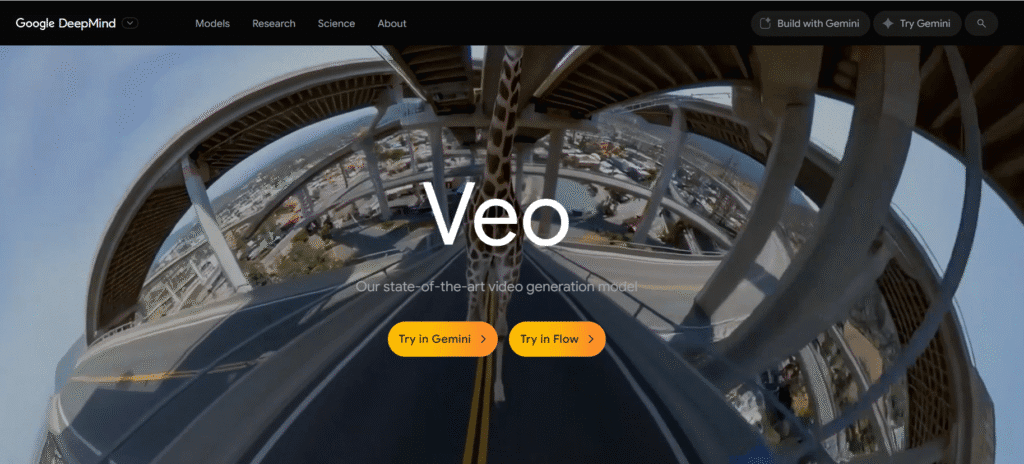 A screenshot of the Google DeepMind website showcasing their Veo video generation model. The page features a futuristic, AI-generated video with a fisheye view of a highway and a giraffe, with the large text 'Veo' and 'Our state-of-the-art video generation model overlaid.