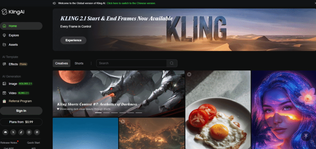 A screenshot of the KlingAI platform. The dark-themed interface shows a large banner for 'Kling 2.1' and a gallery of AI-generated images and videos, including a fantasy dragon, a still-life of a fried egg, and a glowing portrait of a woman.