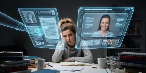 An exhausted writer surrounded by a chaotic mess of papers and notebooks is being helped by a futuristic, glowing AI interface that is seamlessly organizing a holographic document. The image symbolizes the transition from the struggle of manual writing to the ease of AI-assisted creation.