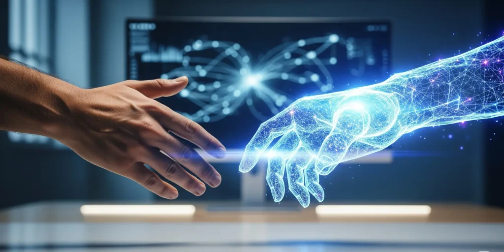 A close-up of a human hand and a glowing, holographic AI hand reaching to touch, symbolizing the collaborative partnership between people and artificial intelligence in a modern business setting.