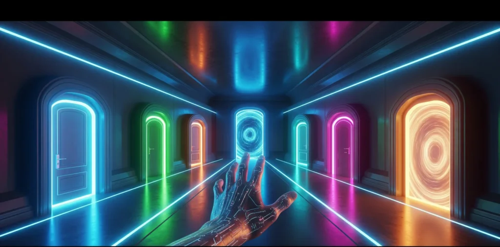A digital illustration of a hand reaching out to multiple glowing, different-colored doors in a futuristic hallway, symbolizing new possibilities with various AI chatbot alternatives.