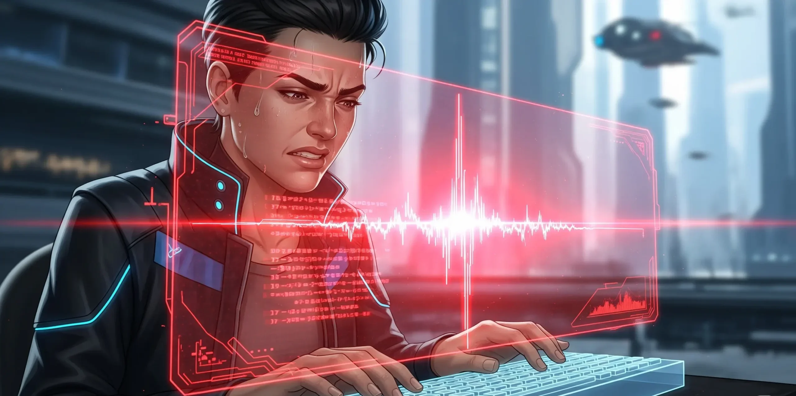 A digital drawing of a person looking frustrated as a glowing red filter barrier blocks their creative flow on a futuristic computer screen.