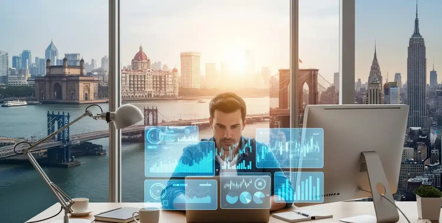 Solo entrepreneur using laptop with AI-driven financial charts and analytics overlays, symbolizing smart finance management with free AI tools in 2025.