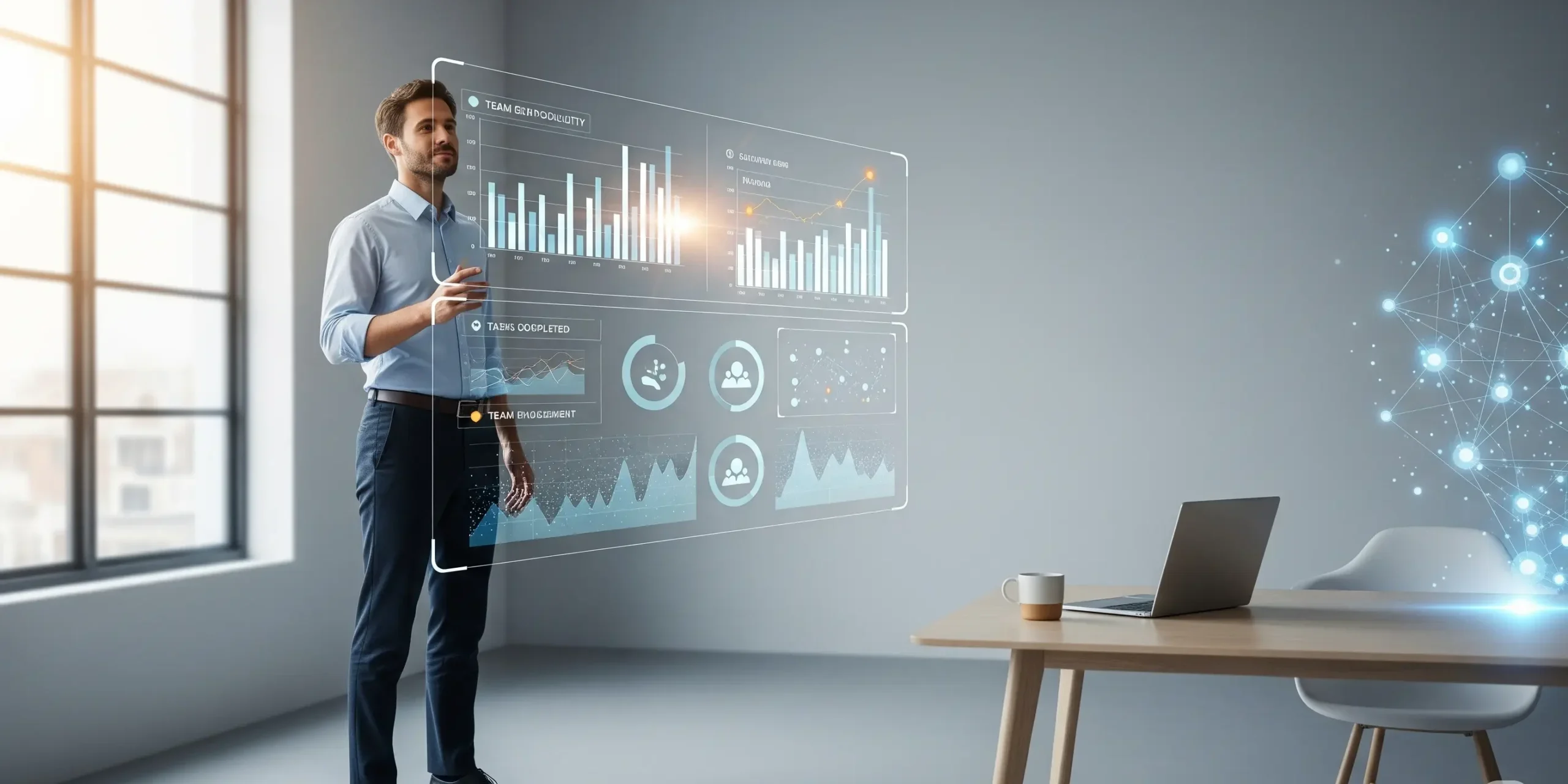A manager uses a futuristic holographic interface displaying team productivity data, illustrating the concept of AI in remote team management.