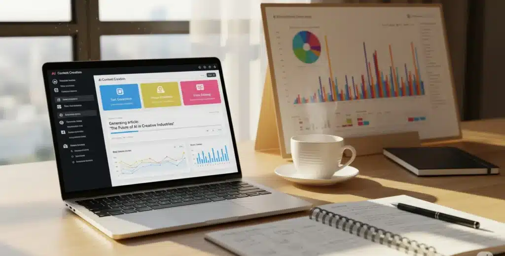 AI content creation tools dashboard on laptop screen in modern workspace, used by a marketer in 2025 for SEO-optimized content