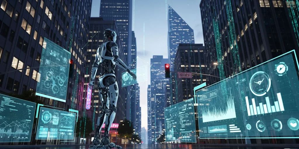A sophisticated robot is trained within a photorealistic virtual city, showcasing Google DeepMind's Genie 3 AI world model for advanced robotics training and AI innovation.