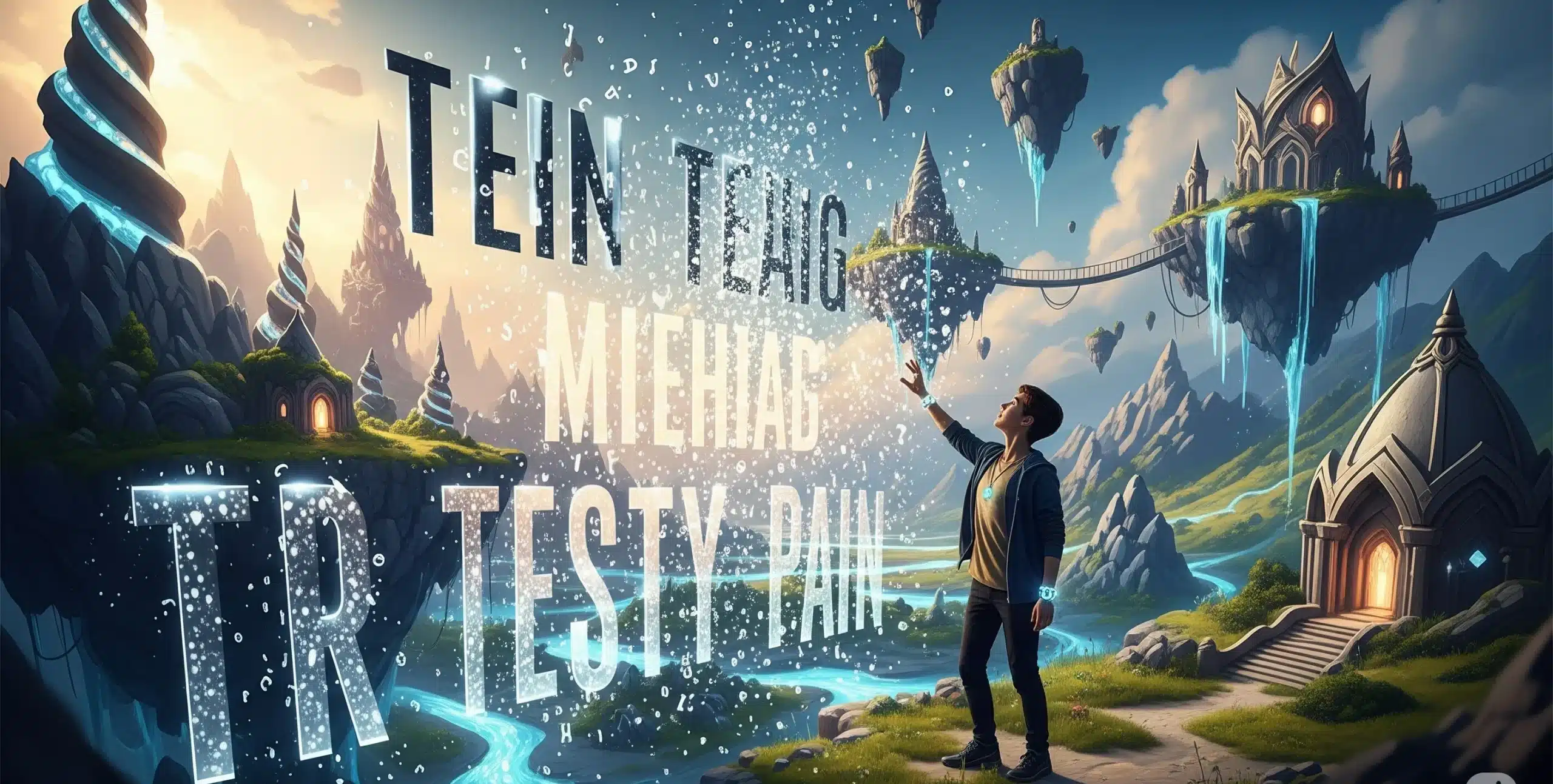 User interacts with a fantasy world being generated in real-time from a glowing text prompt, visualizing Google Genie 3's text-to-game capabilities for creators.