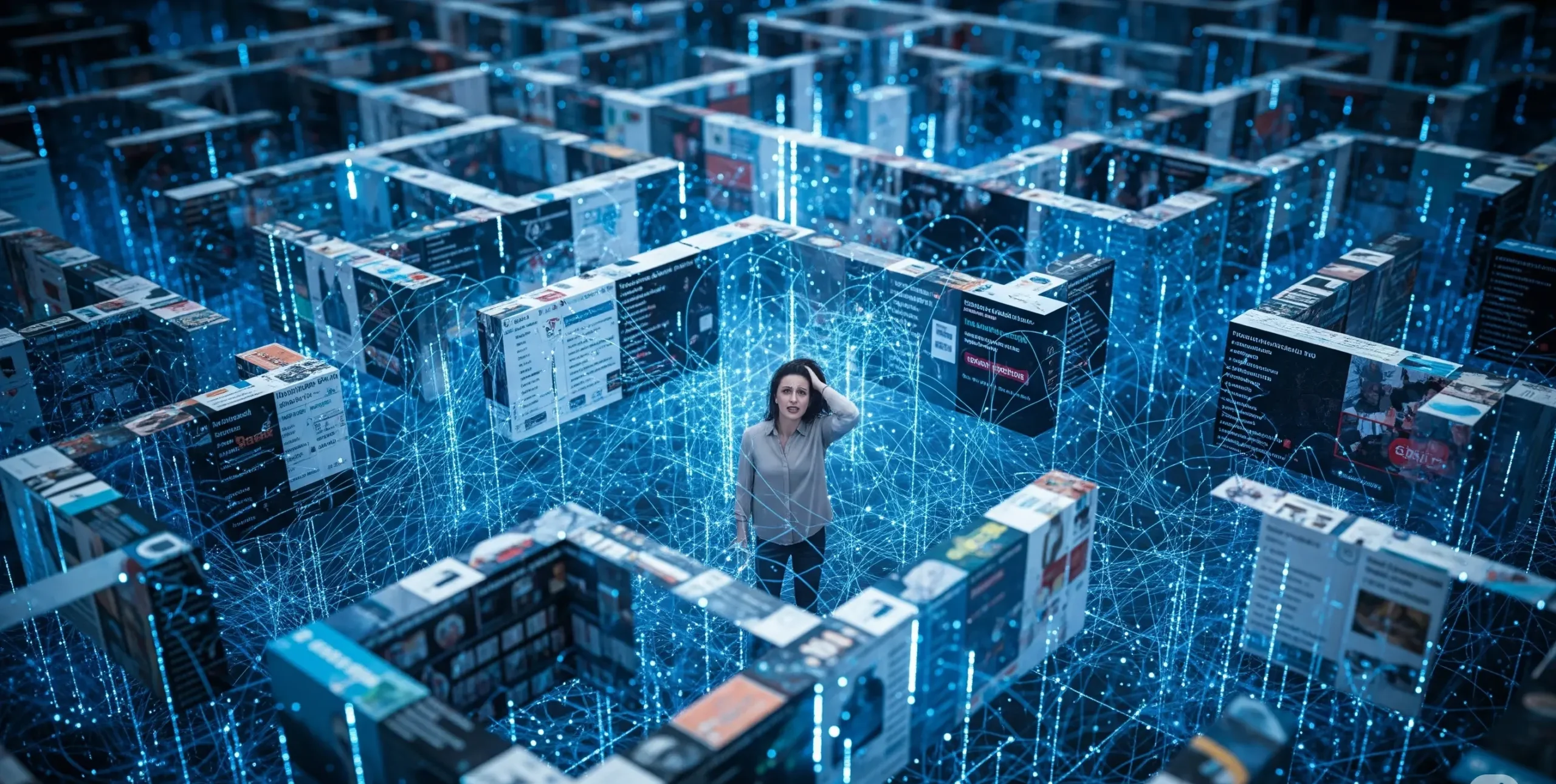 A high-definition, surreal image of a frustrated user trapped in a glowing blue maze made of web search results and data, symbolizing the overwhelming and cluttered nature of traditional search.