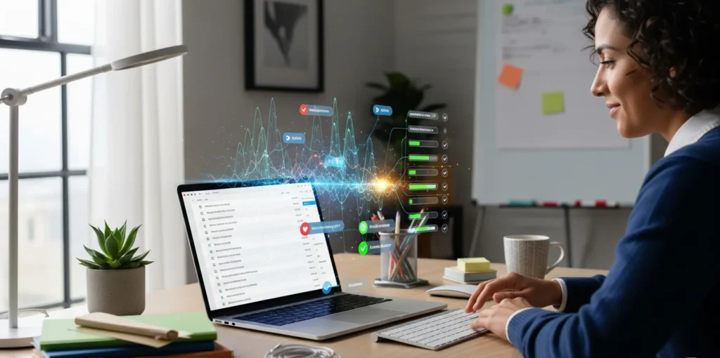 A dynamic photo of a human hand shaking a glowing, holographic hand, symbolizing the partnership between people and artificial intelligence in the modern workplace. The handshake takes place in a minimalist office environment with subtle digital visuals.