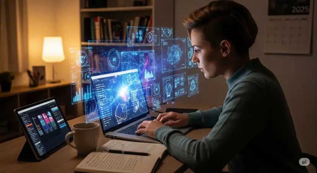 Freelancer working late with AI-powered productivity tools on laptop, showcasing smart work and technology integration in a cozy home office environment.