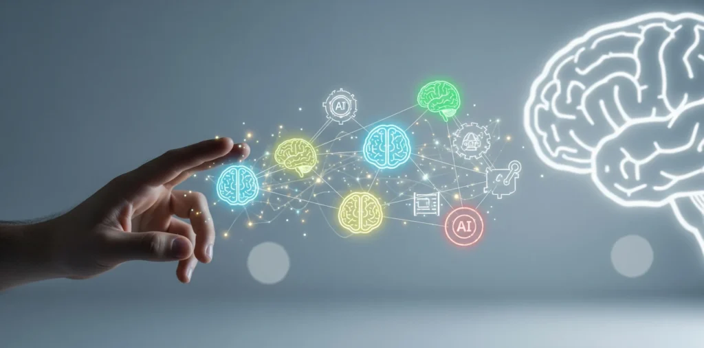 A close-up of a human hand reaching out to a constellation of small, glowing digital brain symbols, each representing a different AI tool. The image symbolizes a shift from a single AI to a diverse, specialized toolkit.