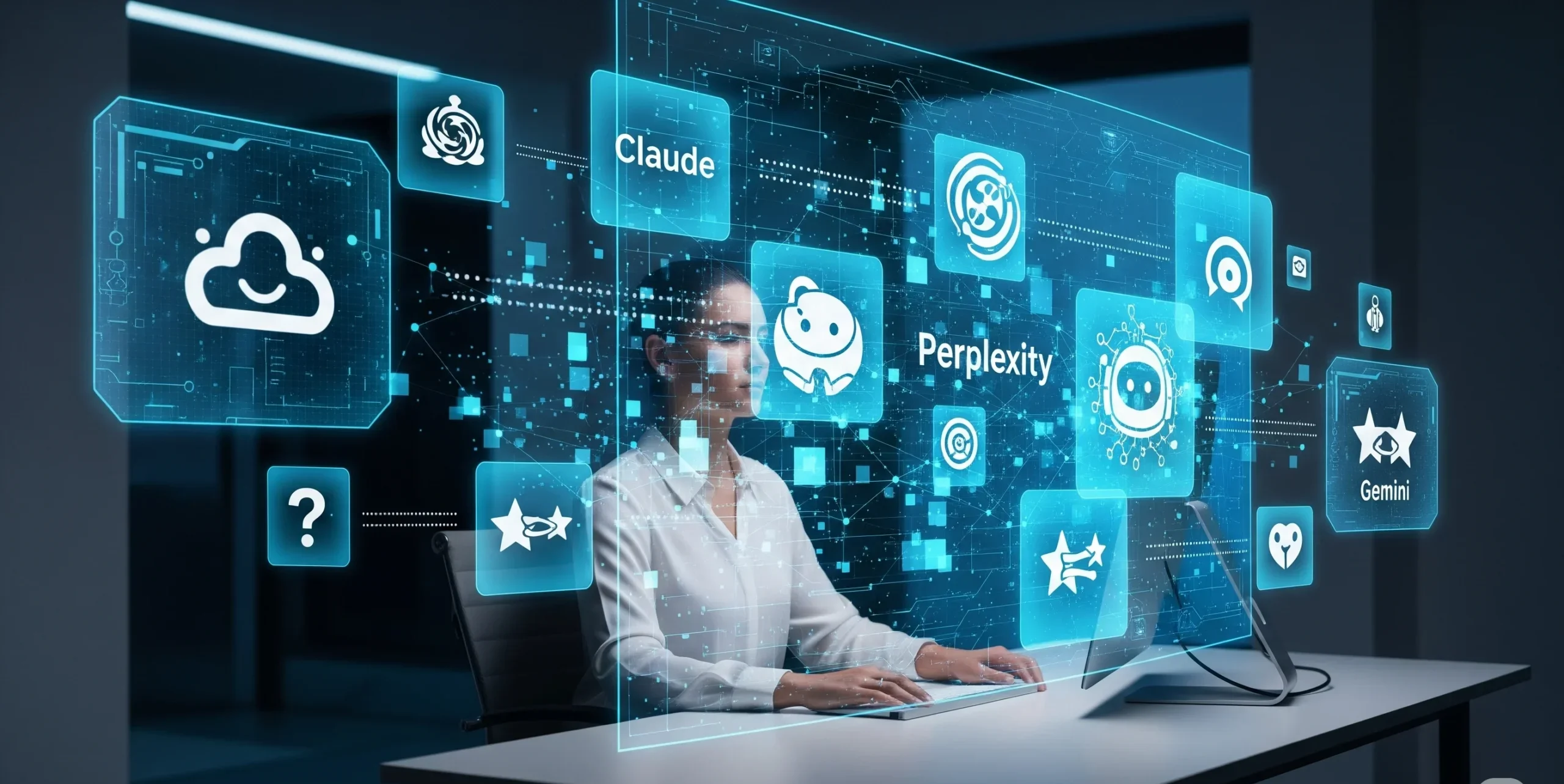 A person sitting at a desk surrounded by a glowing holographic interface showing various interconnected AI chatbot icons. The scene is futuristic and dynamic, representing the concept of a collaborative AI toolkit.