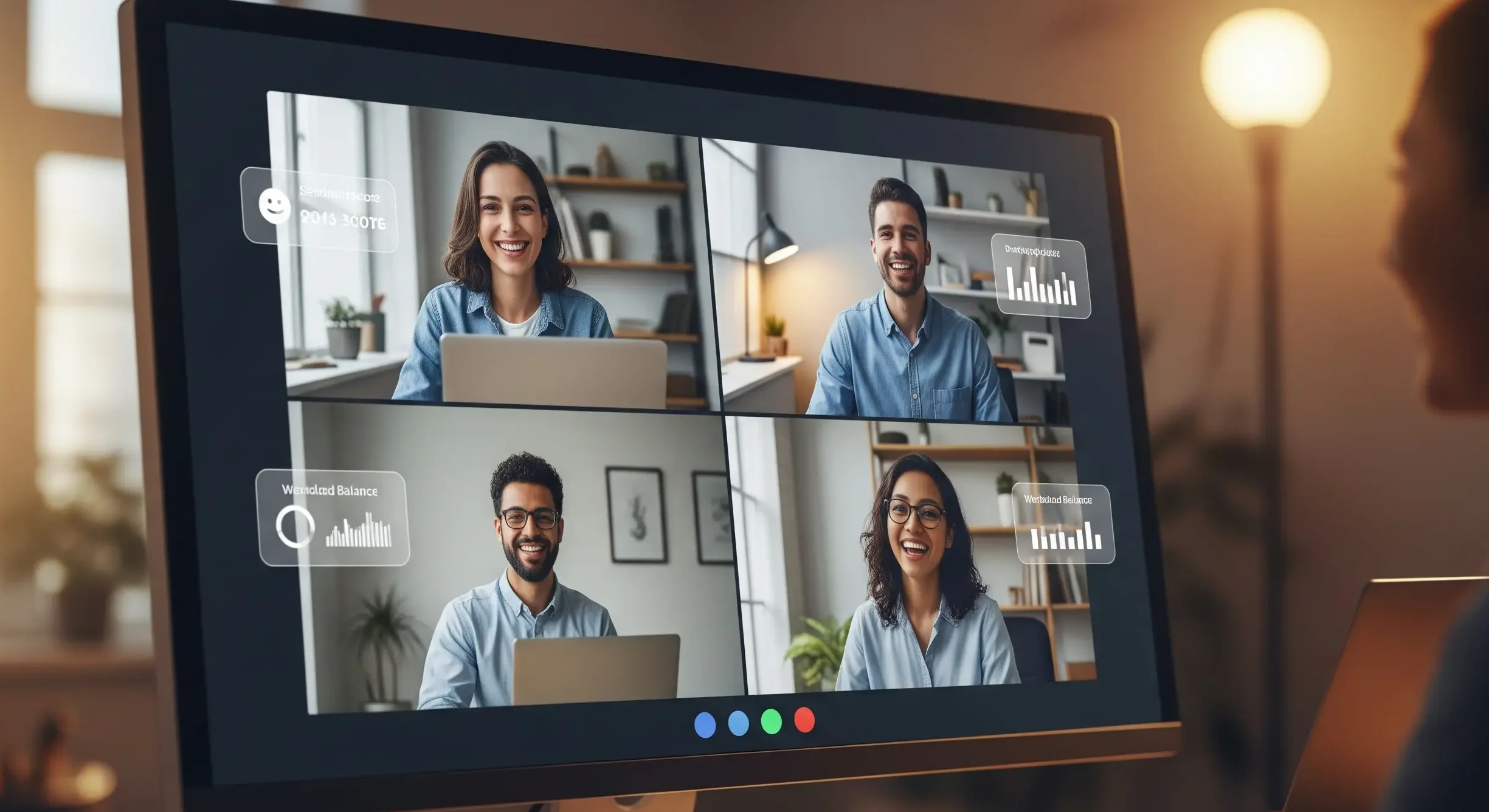 A diverse remote team collaborating on a video call, with subtle AI data visualizations next to each person showing positive engagement and balanced workloads.