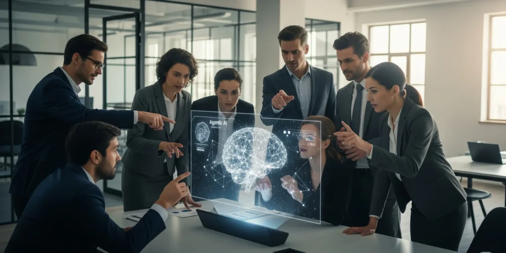 A group of diverse business executives pointing at and interacting with a holographic display of a digital brain. The image is taken in a modern, bright office and symbolizes strategic collaboration between human leaders and advanced Agentic AI technology.