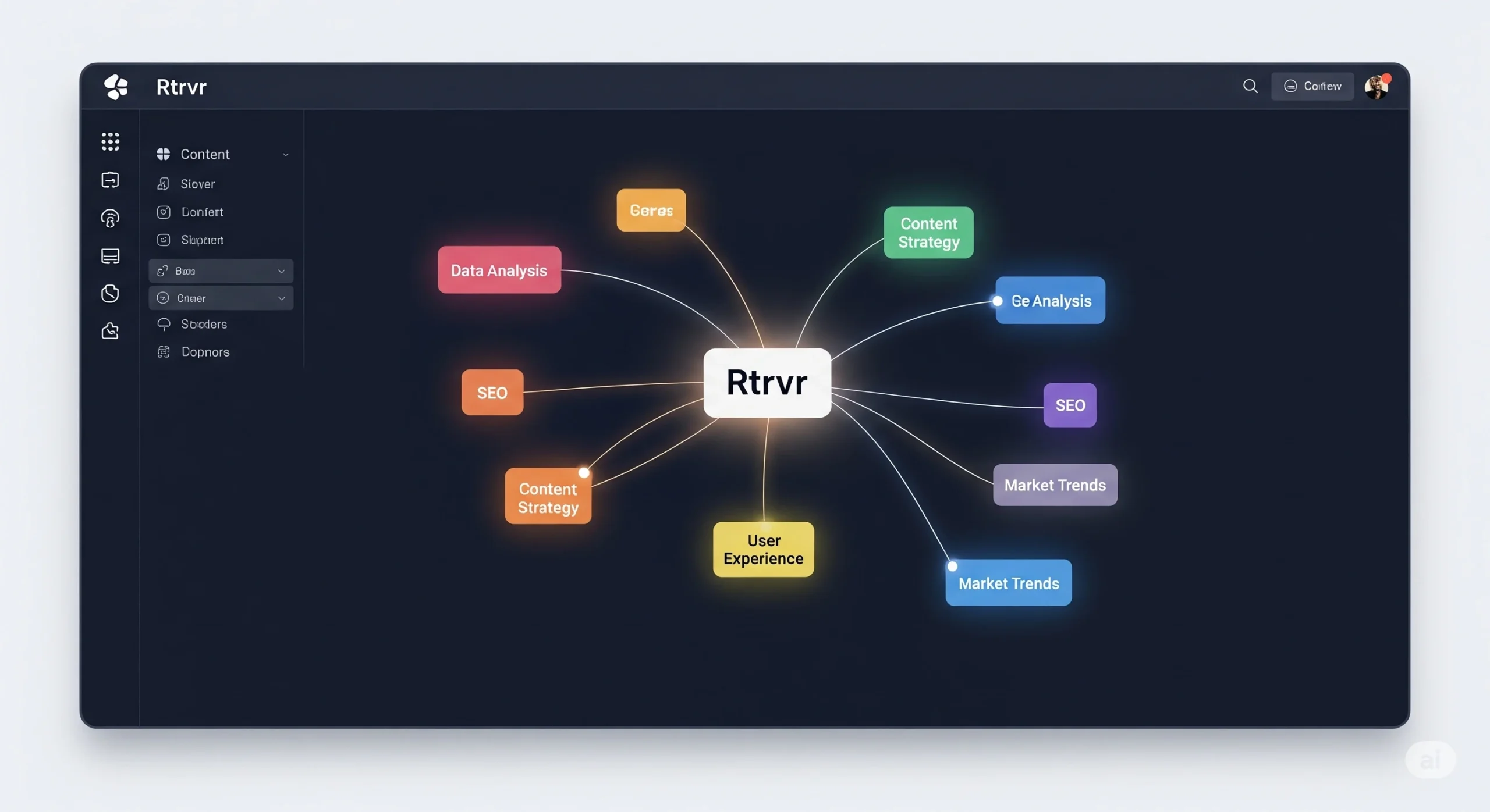 A high-definition screenshot of the Rtrvr tool interface, demonstrating its mind map-like visualization of keywords and content connections.