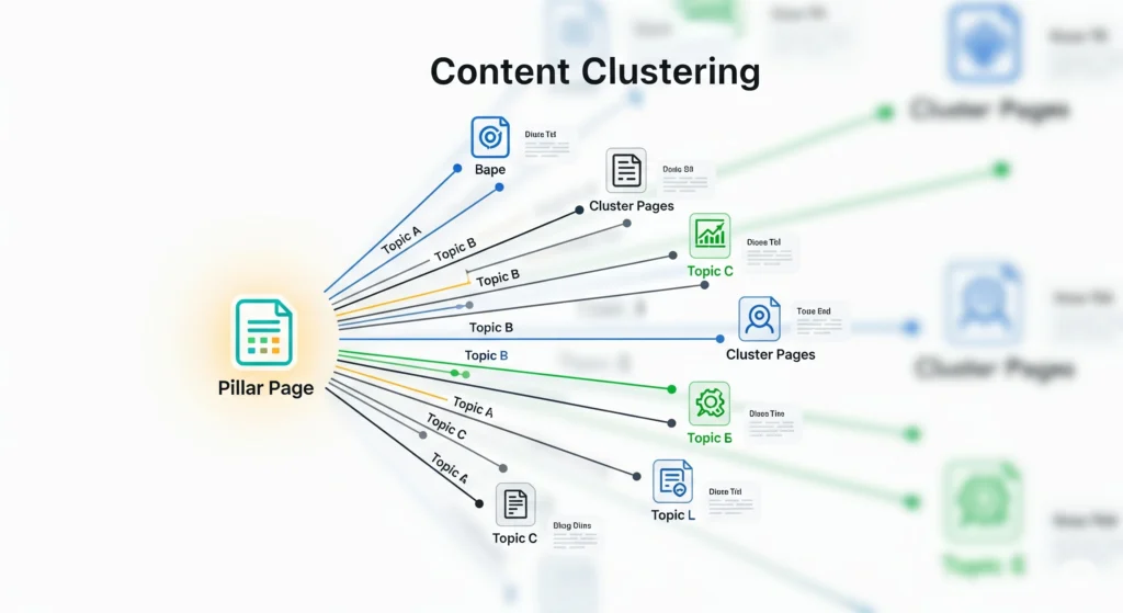 A visual representation of a content cluster map generated by the Rtrvr tool, showing how pillar pages and cluster pages are interconnected for SEO.