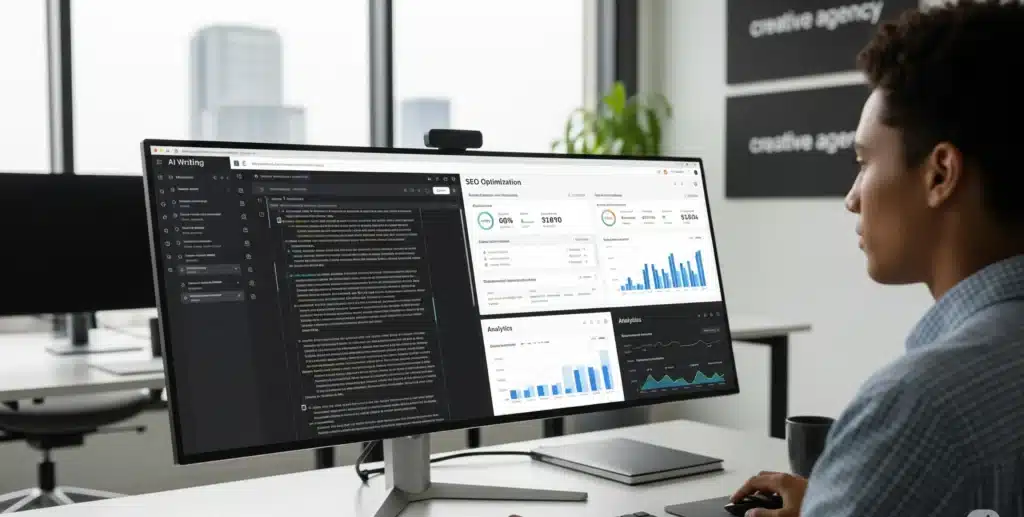 Digital marketer using AI writing software and SEO tools in 2025 to create high-quality, brand-consistent content