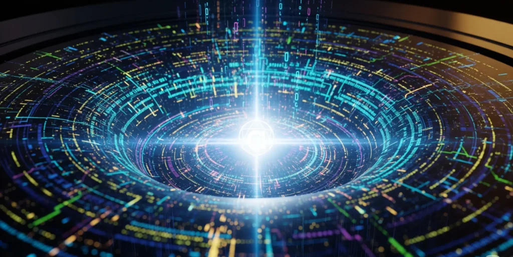 A high-definition, surreal image in a cinematic style showing a single, glowing white answer emerging from a swirling, complex vortex of colorful data. This represents the power of AI to synthesize information into a simple, clear solution.