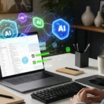 A wide-angle image of a clean office desk with a person sitting in front of a laptop. On the screen, a visual representation of AI is shown as colorful, glowing lines and symbols efficiently sorting and completing tasks, illustrating the power of AI to boost productivity and reduce professional overload.