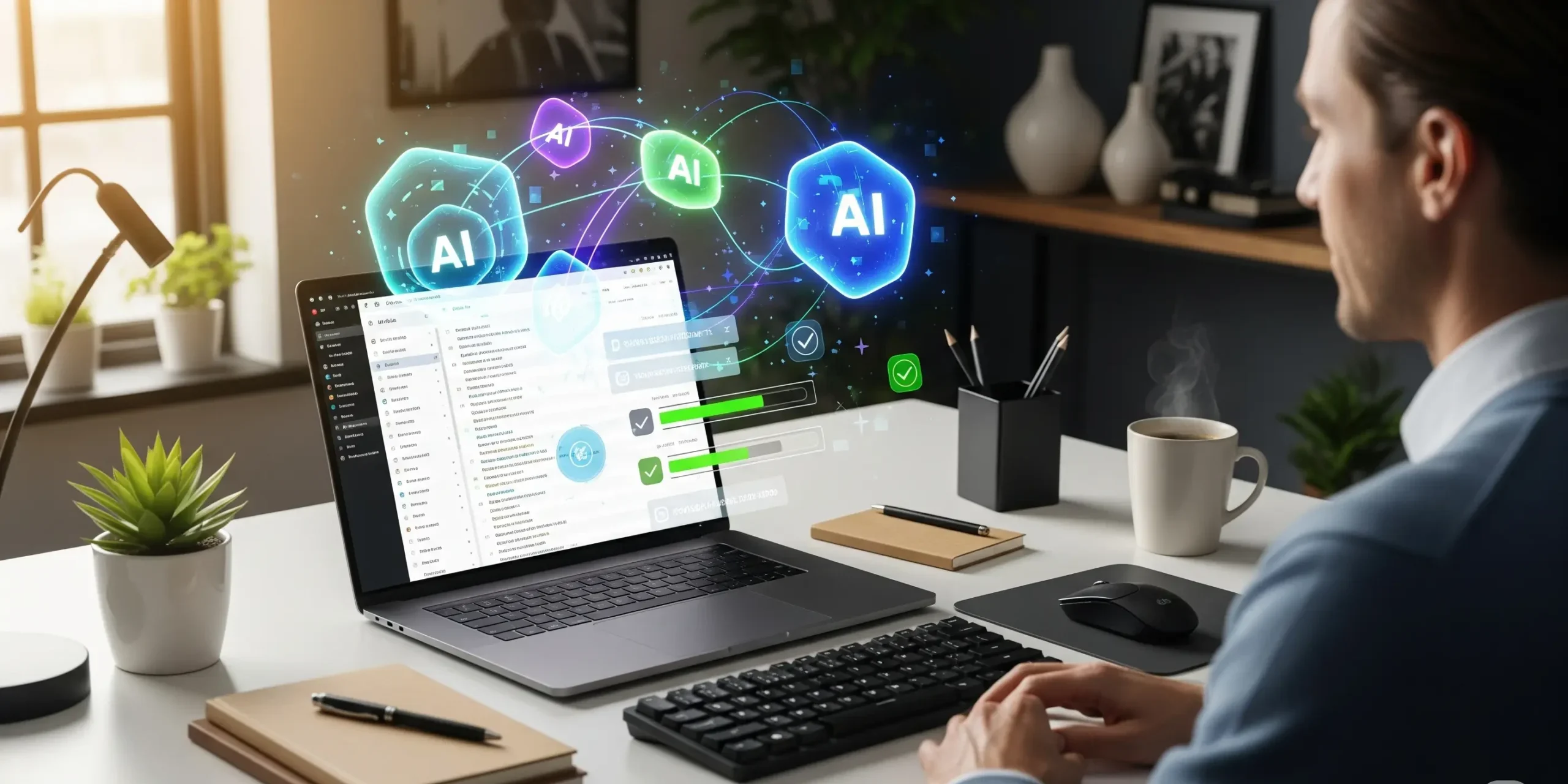 A wide-angle image of a clean office desk with a person sitting in front of a laptop. On the screen, a visual representation of AI is shown as colorful, glowing lines and symbols efficiently sorting and completing tasks, illustrating the power of AI to boost productivity and reduce professional overload.