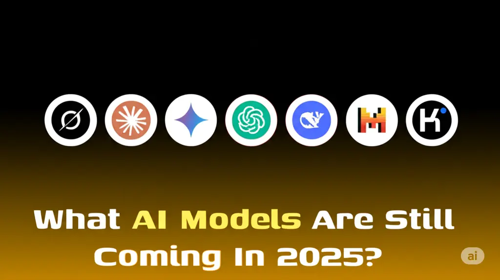 Circular logos representing upcoming AI models for 2025 (including OpenAI, Google, Anthropic, xAI, and others) arranged horizontally against a dark gradient background that subtly highlights each logo.