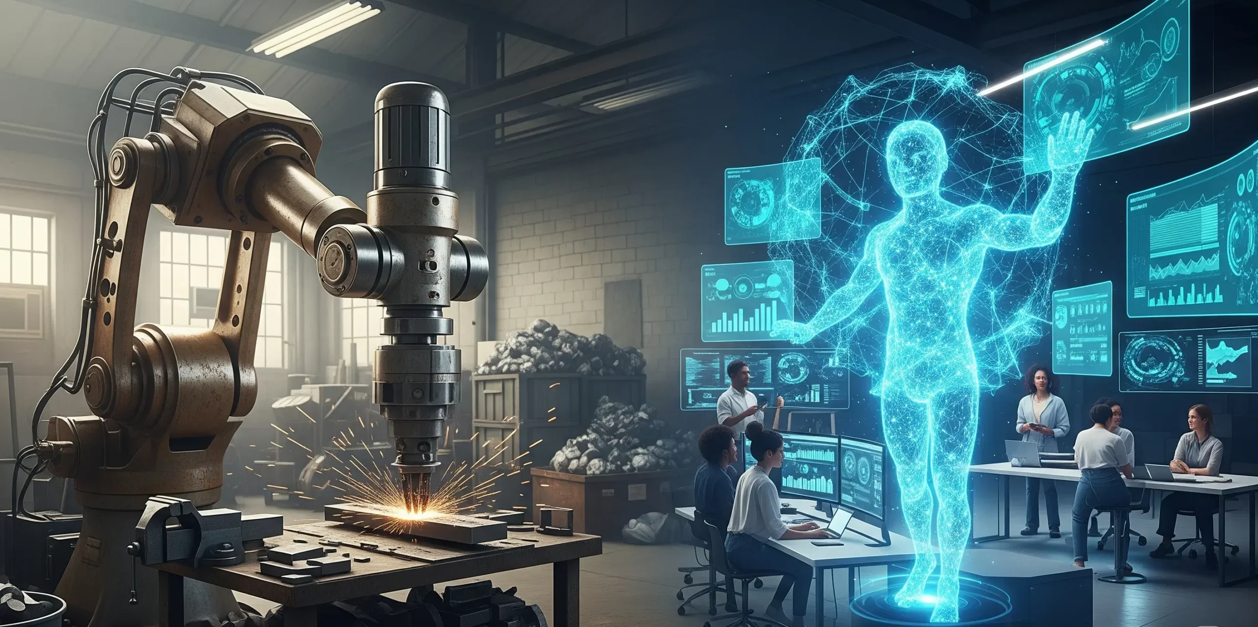 A side-by-side image contrasting an old, clunky robotic arm in a factory on the left with a modern, glowing digital entity in a collaborative office setting on the right. The image represents the shift from outdated, rigid automation to dynamic, intelligent Agentic AI.