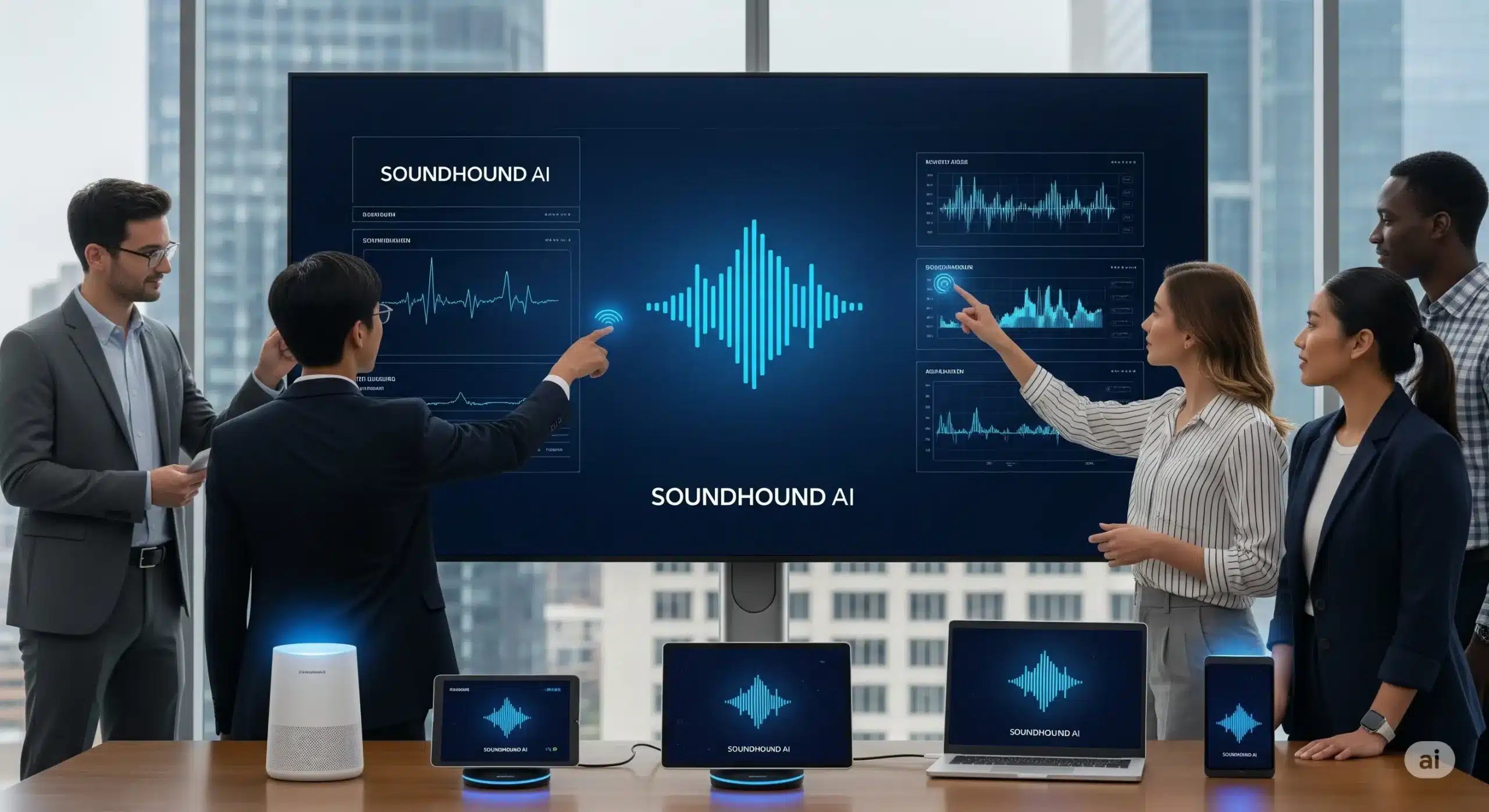 A team of diverse professionals collaborates on a large screen displaying SoundHound AI's conversational intelligence, with real-time voice data visualizations and analytics. The image showcases the application of voice AI in a business setting.