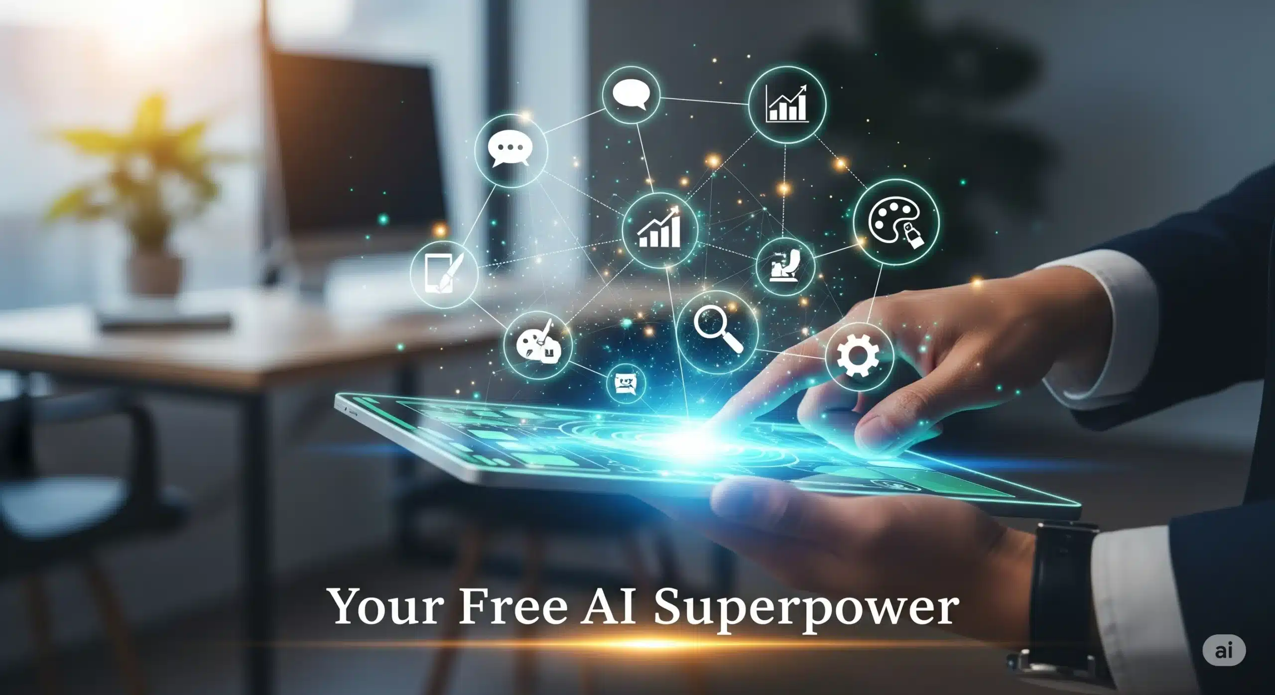 A small business owner's hand touching a glowing AI tablet, surrounded by floating icons representing free AI tools like ChatGPT, Canva, and a dollar sign, symbolizing how technology empowers entrepreneurs to save time and money.