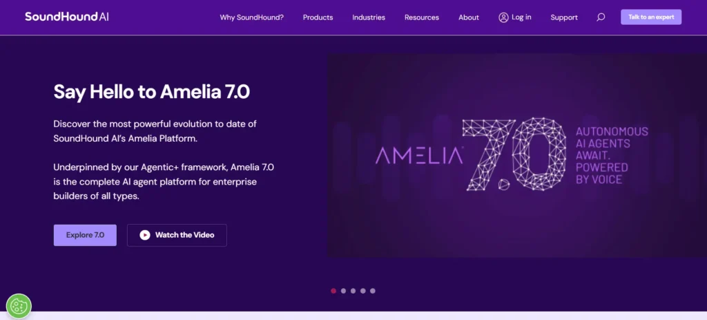 A screenshot of SoundHound's website highlighting Amelia 7.0, a powerful AI agent platform that provides autonomous voice-powered solutions for enterprise clients. The text on the page reads, "Say Hello to Amelia 7.0."